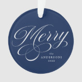 Merry Calligraphy Script Navy Blue Photo Ornament (voorkant)