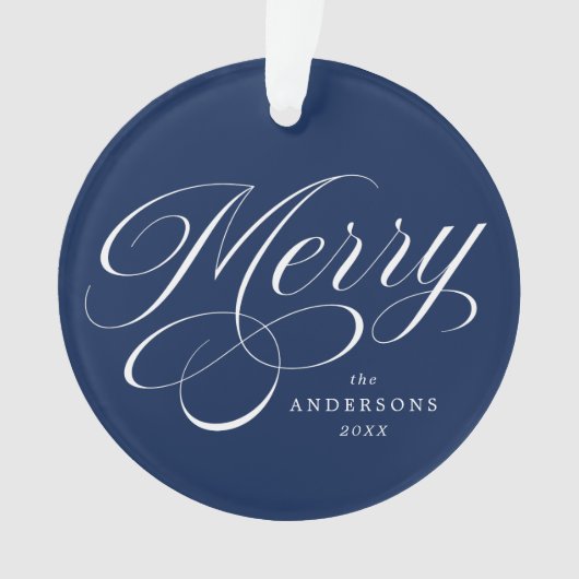 Merry Calligraphy Script Navy Blue Photo Ornament (voorkant)