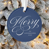 Merry Calligraphy Script Navy Blue Photo Ornament
