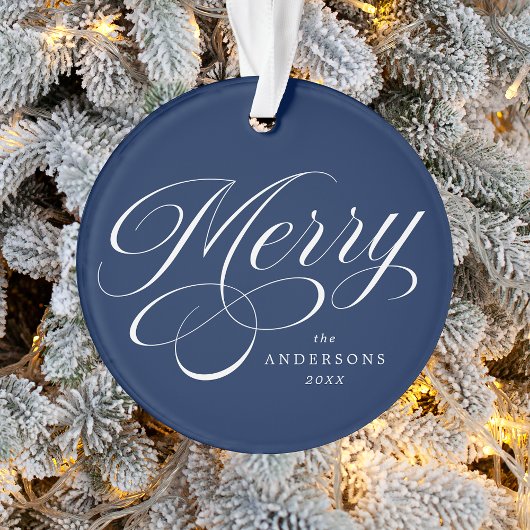 Merry Calligraphy Script Navy Blue Photo Ornament