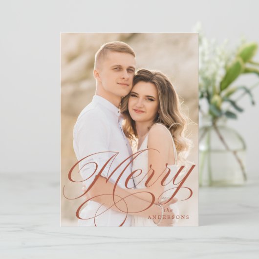 Merry Calligraphy Terracotta Script Overlay Photo Feestdagenkaart (Staand voorkant)