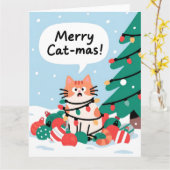Merry Cat-Mas Cute Funny Cat Christmas Kaart (Gele Bloem)