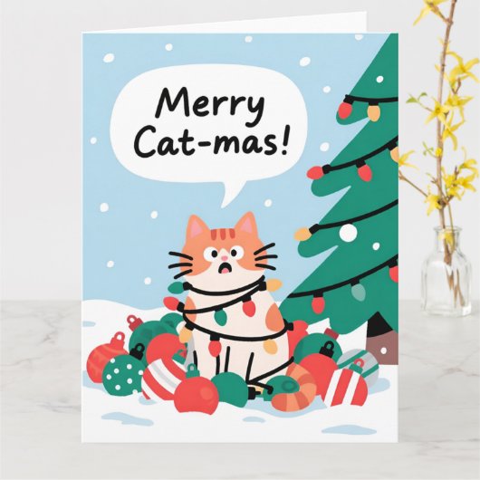 Merry Cat-Mas Cute Funny Cat Christmas Kaart (Gele Bloem)