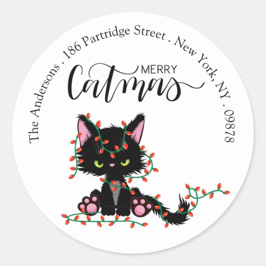 Merry Catmas | Adreslabels voor kerstretourzending Ronde Sticker (Voorkant)