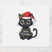 Merry Catmas Black Cat Christmas Light Xmas Family Sparkling Wijnetiket (Enkel label)