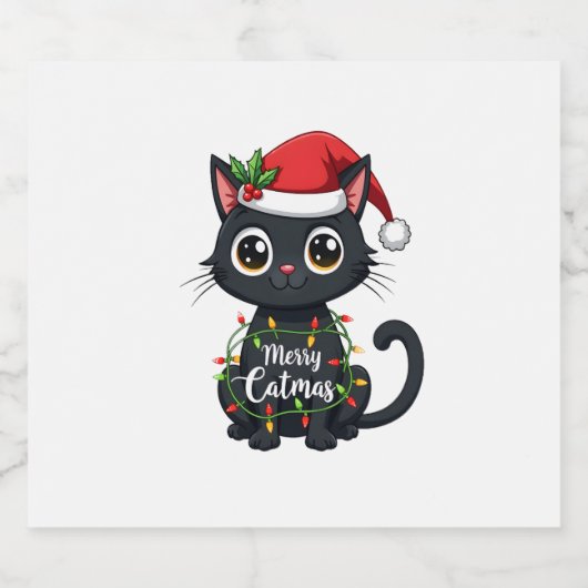 Merry Catmas Black Cat Christmas Light Xmas Family Sparkling Wijnetiket (Enkel label)
