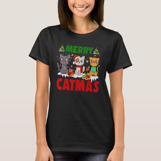 Merry Catmas Cat Kerstmis Pajamas X-mas Ugly Swea T-shirt (Voorkant)