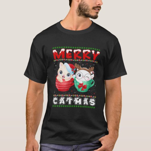 Merry Catmas Cat Ugly Funny Cat Kerstkat Love T-shirt (Voorkant)