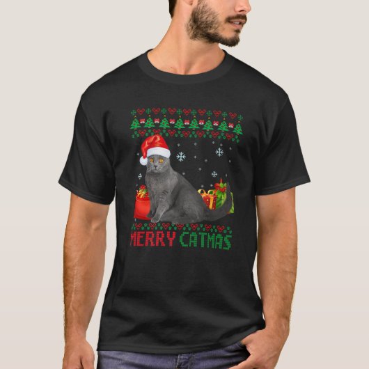 Merry Catmas Cat Ugly Kerstmis Chartreux mama Pap T-shirt (Voorkant)