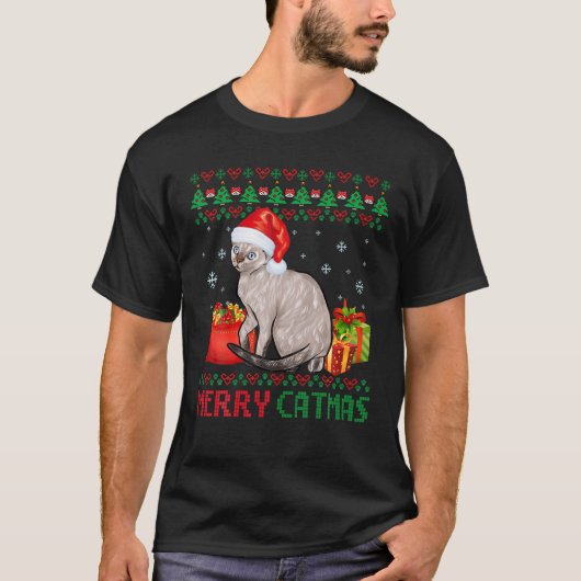 Merry Catmas Cat Ugly Kerstmis Devon Rex mam Pap T-shirt (Voorkant)