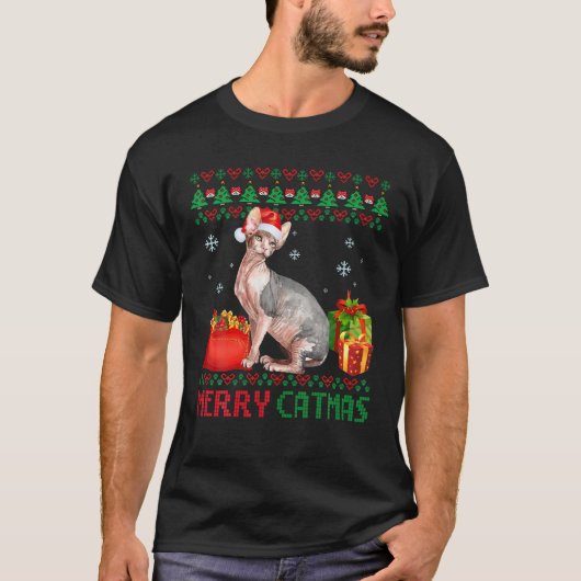 Merry Catmas Cat Ugly Kerstmis Sphynx mam Pap T-shirt (Voorkant)