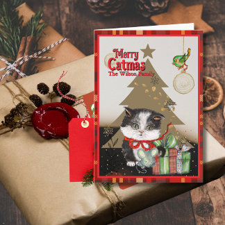 Merry Catmas Cute Kitten Christmas Red bow Feestdagen Kaart