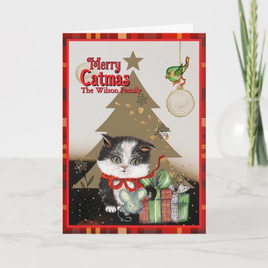 Merry Catmas Cute Kitten Christmas Red bow Feestdagen Kaart (Voorkant)