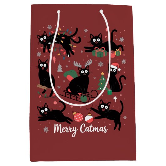 Merry Catmas Funny Christmas Black Cat Lover Medium Cadeauzakje (Voorkant)