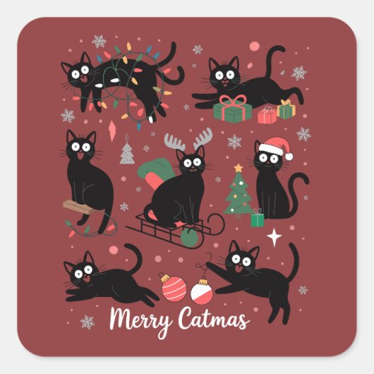 Merry Catmas Funny Christmas Black Cat Lover Vierkante Sticker (Voorkant)