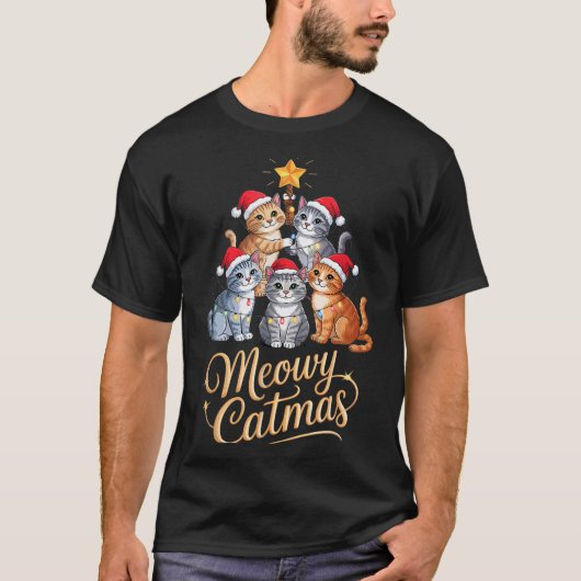 Merry Catmas Funny Christmas Tree Matching Meowy X T-shirt (Voorkant)