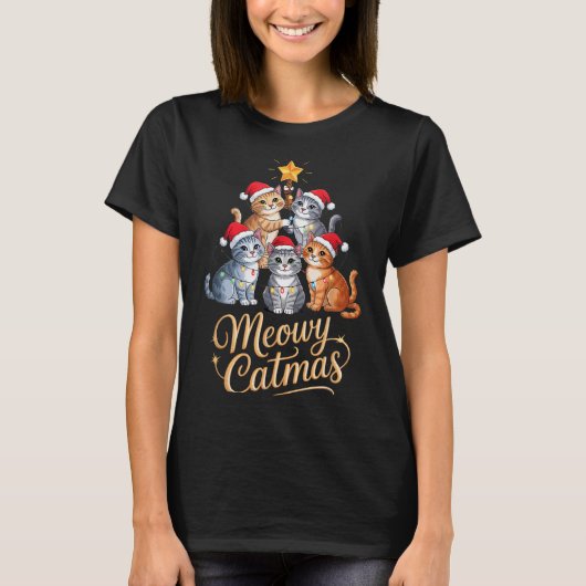 Merry Catmas Funny Christmas Tree Matching Meowy X T-shirt (Voorkant)