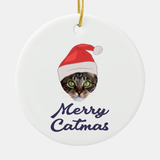 Merry Catmas, kerstkat Santa hat Invitation Keramisch Ornament (Voorkant)