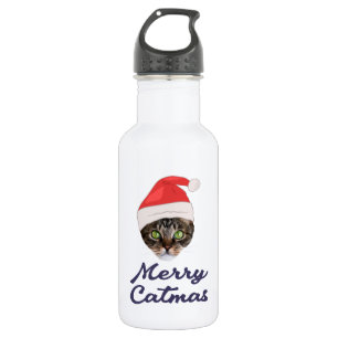 Merry Catmas, kerstkat Santa hat Invitation M Waterfles