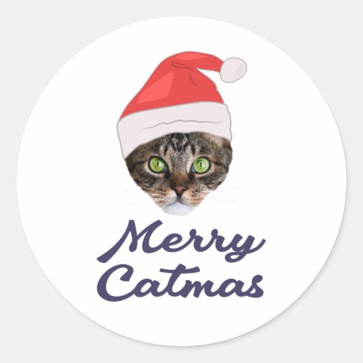 Merry Catmas, kerstkat Santa hat Invitation Ronde Sticker (Voorkant)