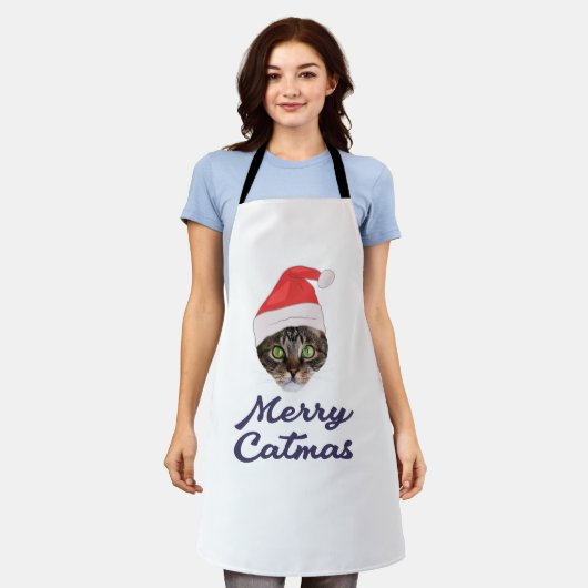 Merry Catmas, kerstkat Santa hat Invitation Schort (Gedragen)