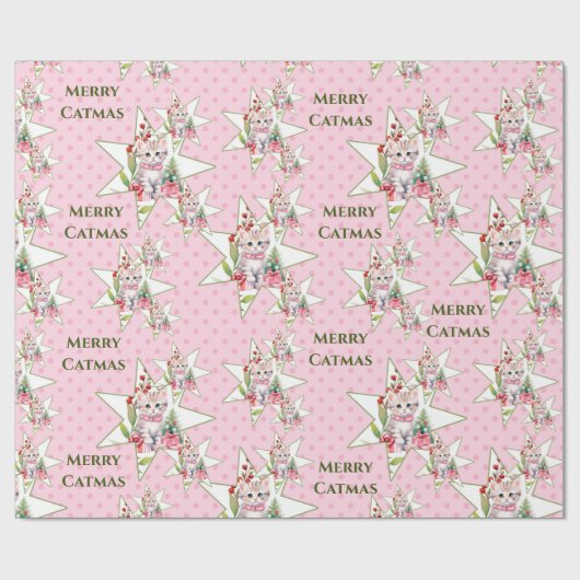 Merry Catmas Roze Kerstkat Cadeaupapier (Vlak)