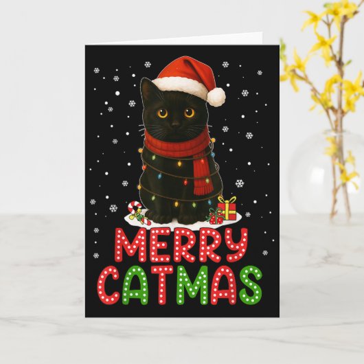 Merry Catmas Santa Hat Funny Black Cat Christmas W Kaart (Gele Bloem)