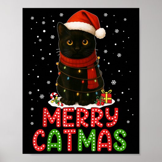 Merry Catmas Santa Hat Funny Black Cat Christmas W Poster (Voorkant)