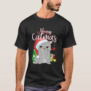 Merry Catmas Santa Hat Gray Cat Funny Kerstmis T-shirt