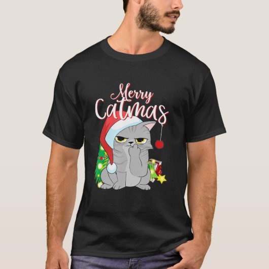 Merry Catmas Santa Hat Gray Cat Funny Kerstmis T-shirt (Voorkant)