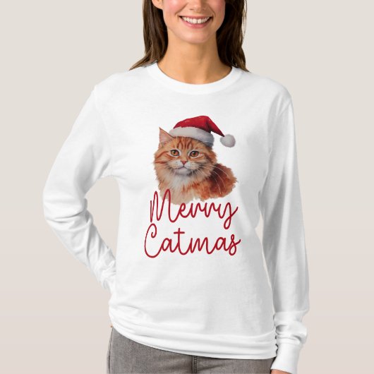 Merry Catmas Schattige Christmas Cat Womens Lange  T-shirt (Voorkant)