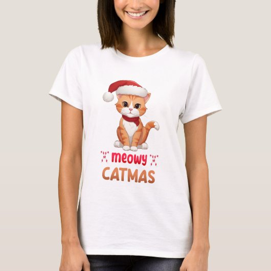 Merry Catmas Schattige Pet Lover Xmas Santa Kat T-shirt (Voorkant)