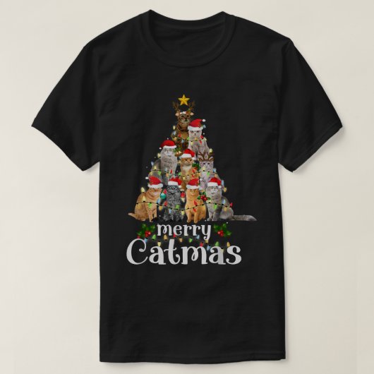 Merry Catmas Tree Lights Funny Christmas Cat Match T-shirt (Design voorkant)