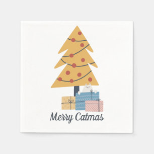 Merry Catmas witte kerstcadeautjes met kerstbomen Servet