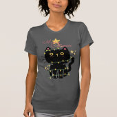 Merry Catsmas: Zwarte kat met kerstlampjes T-shirt (Voorkant)