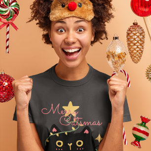 Merry Catsmas: Zwarte kat met kerstlampjes T-shirt