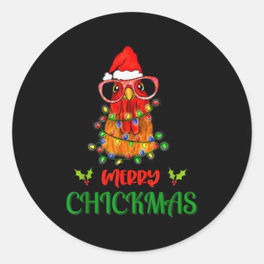 Merry Chickmas Ornament Lights Chicken Farmer Chri Ronde Sticker (Voorkant)