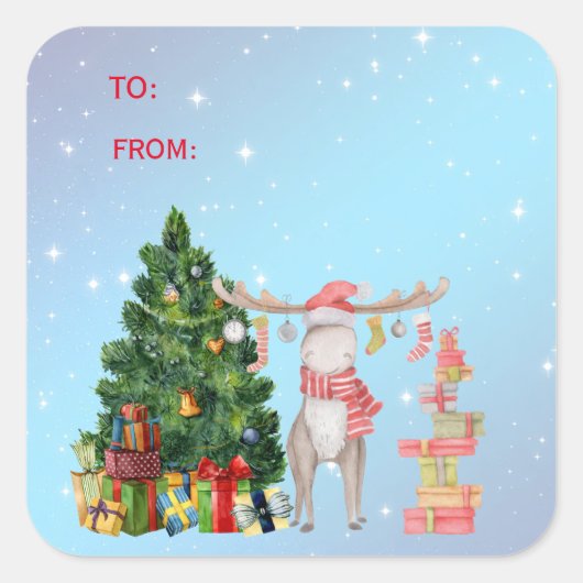 Merry Chris-Moose, kerstboom, feestcadeaus S Vierkante Sticker (Voorkant)