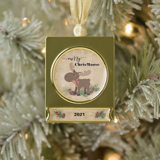 Merry Chris Moose Rustic Banner Ornament Verguld Banner Ornament (Boom)