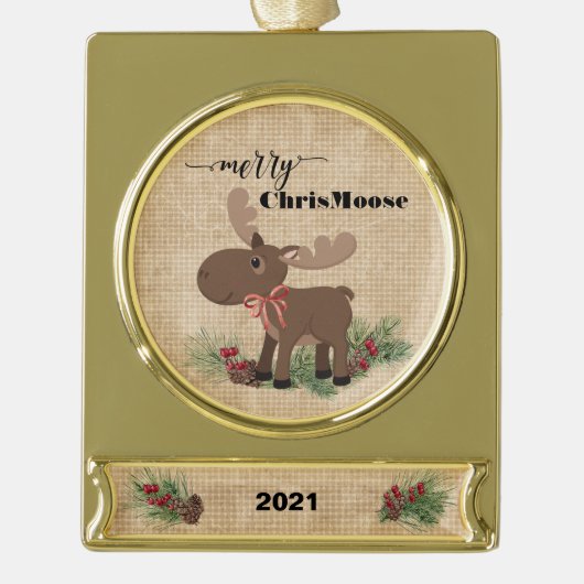 Merry Chris Moose Rustic Banner Ornament Verguld Banner Ornament (Voorkant)