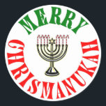 Merry Chrismanukah - KerstChanukah Menorah Ronde Sticker<br><div class="desc">De perfecte manier om zowel Kerstmis als Hanukah tegelijk te vieren. Vrolijk kerstfeest   Happy Chanukah = Merry Chrismanukah,  compleet met Candy Cane Menorah Candles.</div>