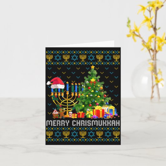 Merry Chrismukkah Happy Hanukkah Ugly Sweater Fami Kaart (Gele Bloem)