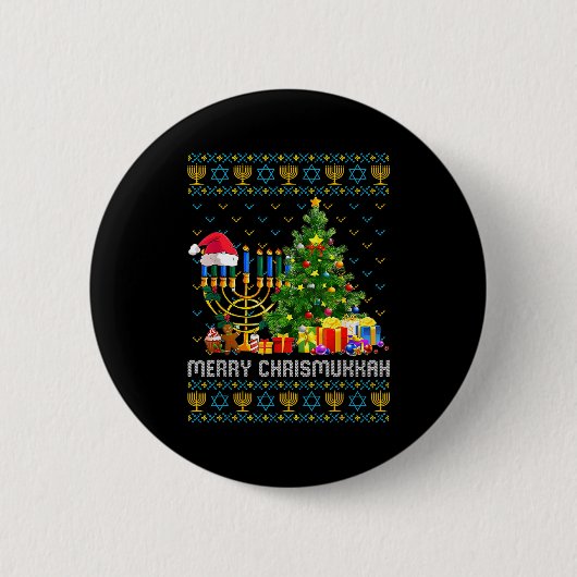 Merry Chrismukkah Happy Hanukkah Ugly Sweater Fami Ronde Button 5,7 Cm (Voorkant)