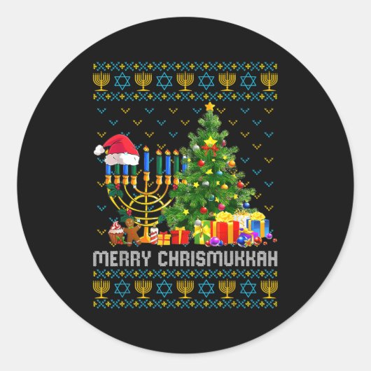 Merry Chrismukkah Happy Hanukkah Ugly Sweater Fami Ronde Sticker (Voorkant)