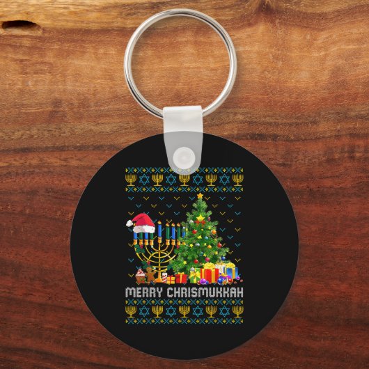 Merry Chrismukkah Happy Hanukkah Ugly Sweater Fami Sleutelhanger (Voorkant)