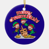 Merry Chrismukkah met Elves en Dreidels Keramisch Ornament (Voorkant)