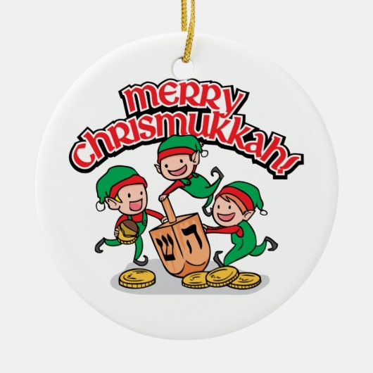 Merry Chrismukkah met Elves en Dreidels Keramisch Ornament (Voorkant)