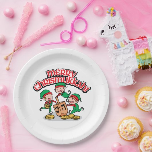 Merry Chrismukkah met Elves en Dreidels Papieren Bordje (Feest)