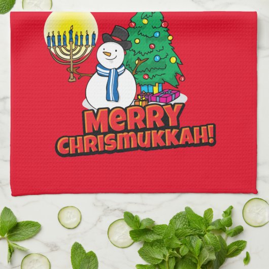 Merry Chrismukkah met Snowman en Menorah Theedoek (Gevouwen)