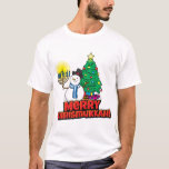 Merry Chrismukkah Snowman Menorah en Custom Name T-shirt<br><div class="desc">Fun Merry Chrismukkah met een Snowman die een menorah vasthoudt voor een kerstboom op wit. Op de rug is een leuke tekst u kunt schrappen of in veranderen wat voor u werkt. Als je de feestdagen mengt, of je kent iemand die zowel Hanukkah als Kerstmis viert, dan zou dit een...</div>